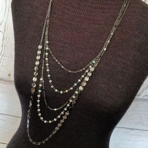 Gunmetal layered chains and beads long necklace black with ab beads